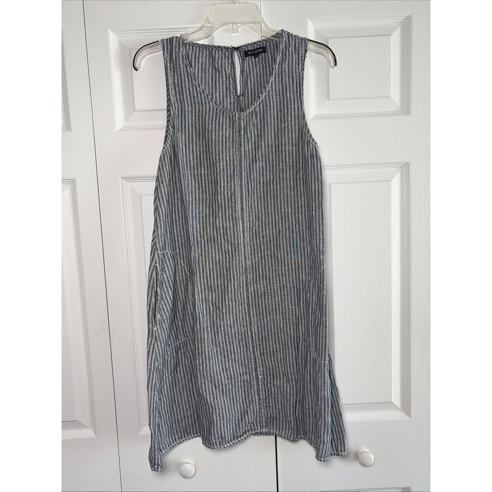 Max Edition Coastal Linen Dress Womens Size Med Blue White Striped Sleeveless